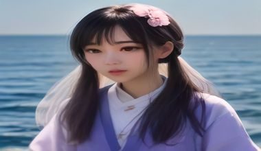 日本女性在樱花树下微笑，穿着淡粉色和服，背景是漫天飞舞的樱花花瓣，画面唯美清新